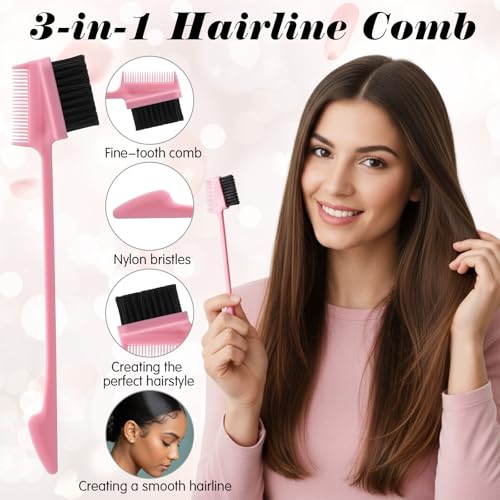 14 Pcs 3 in 1 Hair Edge Brushes, Double Sided Hair Combs, Rat Tail Comb, Smooth Comb Grooming, Natural Styling Eyebrow Combs for Women, 6 Colors