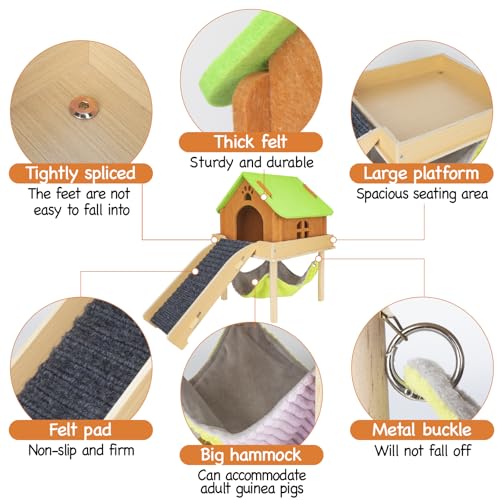 BESNEW 3 in 1 Enlarged Guinea Pig Hammock with House & Platform,Wooden Guinea Pig Hideout with Hammock & Stairs Small Animal Toys for Hiding Sleeping Activities - style: Hammock with ramp & house
