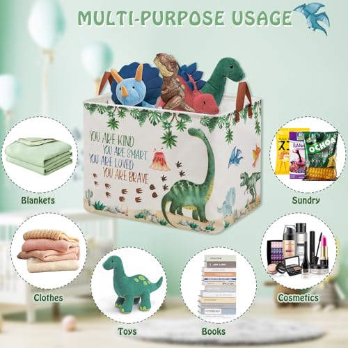 Dinosaur Nursery Decor Baby Gift Basket with Inspirational Quotes Large Kid Storage Chest Trunk Woodland Stone Volcano Book Shelf Basket Collapsible Clothes Toy Bin for Baby Rectangle Hamper,36L - color: Green 4