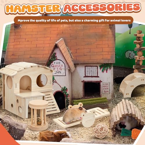8 Pcs Hamster Cage Accessories Hamster Starter Kit with Maze Wood House, Bridge, Seesaw, Chew Toys Set for Gerbils and Mice Small Animals Habitat Supplies(Fun Villa) - style: Fun Villa