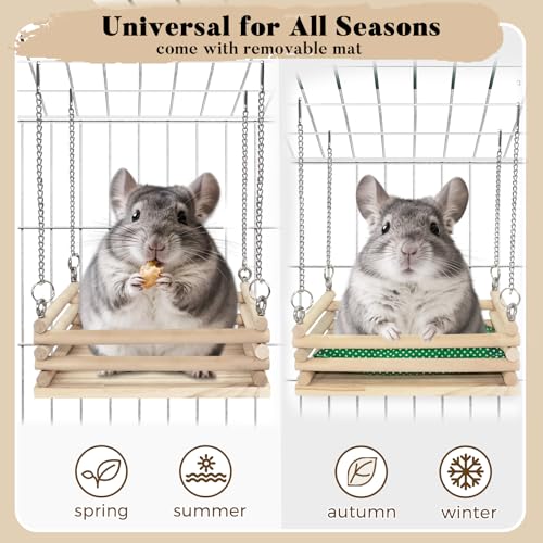 Wooden Chinchilla Hammock & Swing Set - Soft Mat Bed with Kiln-Dried Pine Ledges for Chinchillas - Habitat Enrichment & Exercise