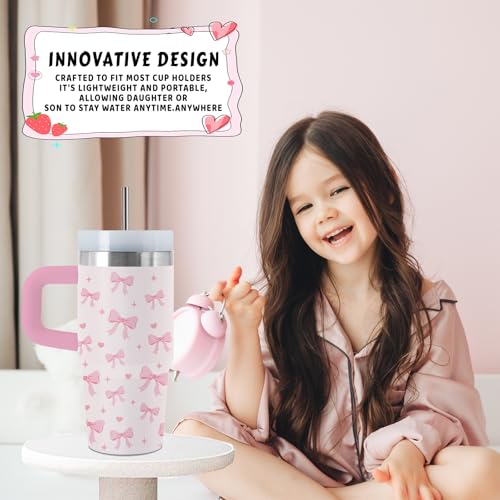 Bow 14 oz Tumbler, with Handle Straw, Stainless Steel Travel Cup | 14 oz Insulated Water Bottle, Travel Vacuum Coffee Mug, Thanksgiving Christmas Birthday Gift for Daughter, Bow Lover Gifts - color: Bow-Pink