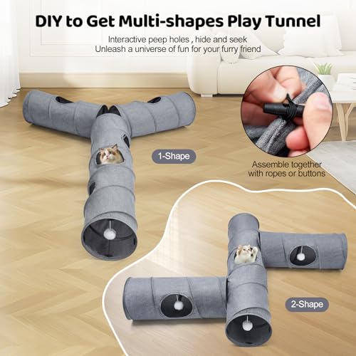 Cat Tunnel, 3 Straight Shaped Tunnels 6 DIY Shapes with Wand Toys, No Noise Scratch Resistant Cool Linen Fabric, Interactive Pet Tunnel Tube for Indoor Cats, Puppy and Rabbits - color: Grey