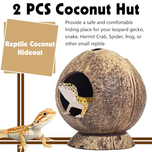 PINVNBY 2 Pcs Natural Coconut Shell Reptile Hideouts Crested Gecko Tank Accessories for Small Lizard Leopard Gecko Spider Snail Hermit Crab Hideout - size: High-Crowned Style, 2PCS
