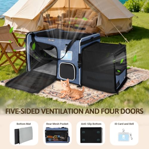 Side Expandable Extra Large Cat Carrier with Litter Box, Blue | 24"L x 17"W x 17"H, Privacy Curtain and Lockable Safety Zippers, for Long Distance Car Travel, Cats Under 55 lbs - color: blue