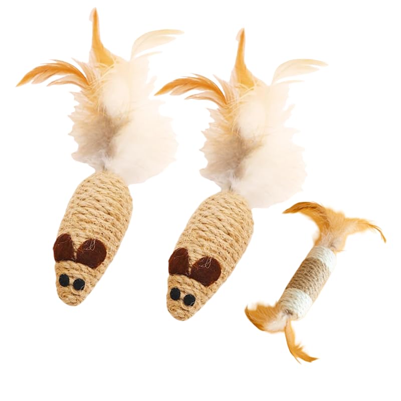 3 Pack Cat Mice Toys with Feather Tail Rattling Noise Sound Natural Sisal Cat Balls Toys Teeth Cleaning Dental Chew Toys Interactive Cat Mice Toy Mice Cat Toys for Indoor Cats