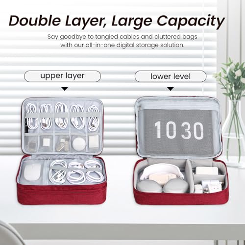 Electronic Organizer Travel Case, Double Layer Cable Organizer Bag | Double-layer design with adjustable dividers, mesh pockets and elastic loops for chargers, cables, power banks and gadgets - color: red