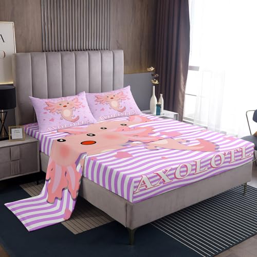 Axolotl Bed Sheets Kawaii Axolotl Bedding Set Twin Size Pink Cute Animal Sheet Set For Kids Boys Girls Teens Gift Room Decor Geometric Stripes Lines Fitted Sheet Cute Pet Flat Sheet, Purple - color: Multi 18, size: Twin