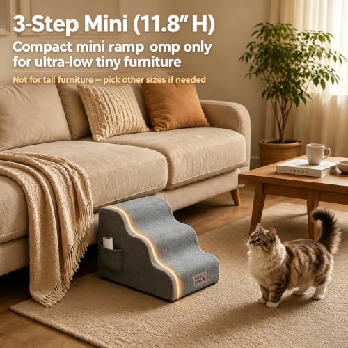 Mini 3-Step Dog Stairs for Small Dogs & Cats, 11.8" H Non-Slip Pet Steps with Side Storage Pocket, Sturdy High Density Foam Dog Ramp for Sofa, Couch & Chair, Washable Cover, Grey - size: Round-11.3"H