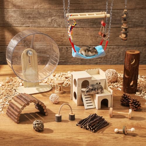 15 Pcs Hamster Cage Accessories Set, Wooden Hamster House, 9.45 Inch Silent Running Wheel, Swing, Tunnel, Chew Toys & Hideout for Dwarf Hamsters, Gerbils, Syrian Hamsters Animals Habitat