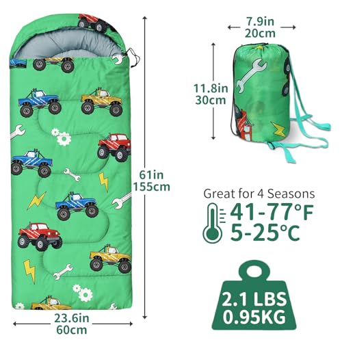 Kids Sleeping Bags - Camping Sleeping Bags with Carry Bag - Compact Sleeping Bag for Hiking, Backpacking 3 Season Warm & Cool Weather, Lightweight Waterproof Outdoor Travel for Boys Girls - color: Green Truck
