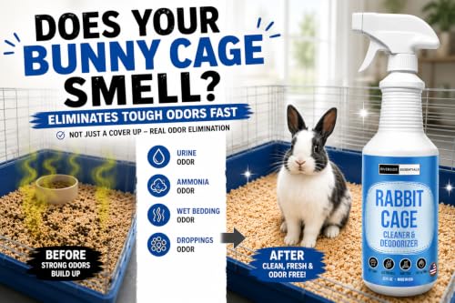 Rabbit Cage Odor Eliminator & Cleaner Spray, 32oz – Made in USA | Targets tough urine, ammonia and bedding odors; fast-drying, non-toxic formula for bunny cages and habitats.