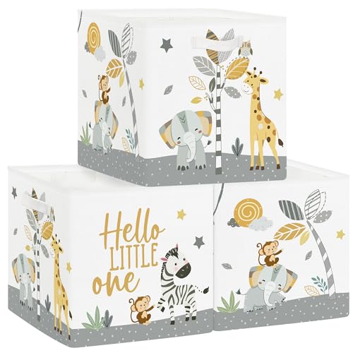 11.8" Tropical Animals Storage Cube Organizer Set 3Pcs Clothes Storage Basket Bin for Closet Shelf Elephant Giraffe Zebra Nursery Kid Room Book Toy Chest, Monkey