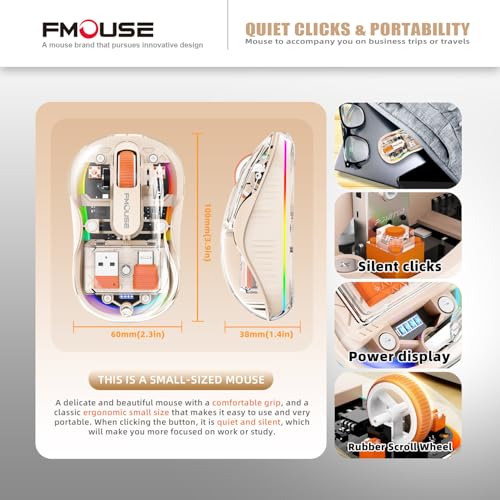 FMOUSE Transparent Wireless Mouse, Tri-Mode Bluetooth & 2.4GHz, Cream | USB-A & USB-C Receiver | Rechargeable | 3 Devices for MacBook Laptop iPad PC | Silent Clicks | Portable | RGB | 4-Level DPI - color: Cream