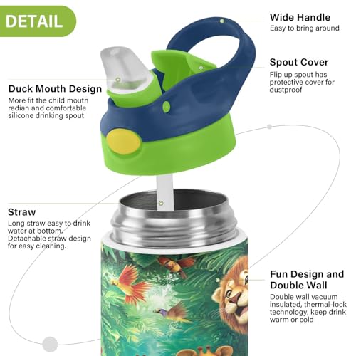 OTVEE Animal World Kids Water Bottle with Straw Lid 12 oz Insulated Stainless Steel Leakproof Duck Mouth Tumbler Cup for Boys Girls Teen School - color: Animal World