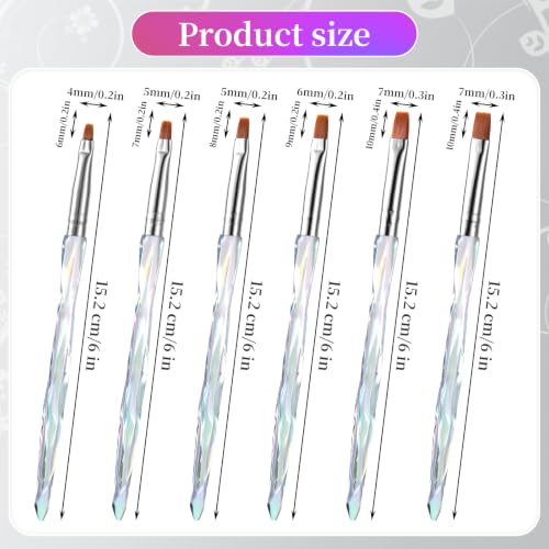 6Pcs Flat Nail Brushes Iridescent Crystal Handle Nail Art Painting Brushes | 6/7/8/9/10mm Premium Synthetic Bristles Manicure Brush for Cleaning Polish Mistakes on the Cuticles, DIY Painting - color: Clear