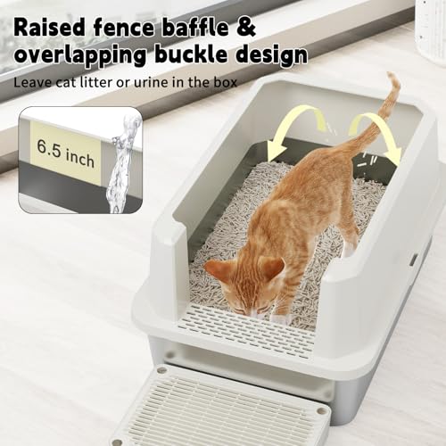 RIZZARI Stainless Litter Box Semi-Closed: Odorless, Large, Easy Clean | High Splash Guard / Non-Stick Steel Pan / 20L Capacity / Raised Step / Fits Any Room / Multi-Cat Use - color: Beige, 1 Pack