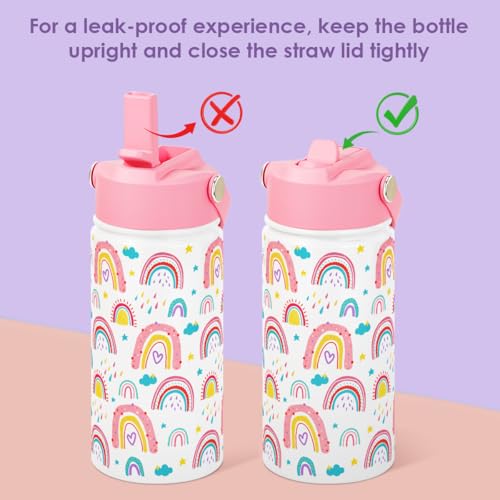 SANDJEST Kid Water Bottle 12oz with Straw Lid - 2-Pack Insulated Stainless Steel Water Bottles for Kids Girls - Travel Cup for School Sports, Rainbow & Mermaid - color: Mermaid + Rainbow (2 Pack)