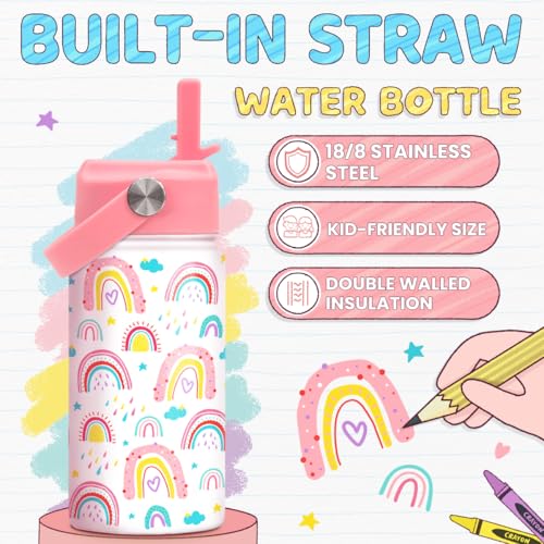 SANDJEST Rainbow Kids Water Bottle With Straw Lid 12oz Insulated Stainless Steel, Travel Tumbler, Gifts For Girls, Birthday, Christmas, Back To School - color: Rainbow 1