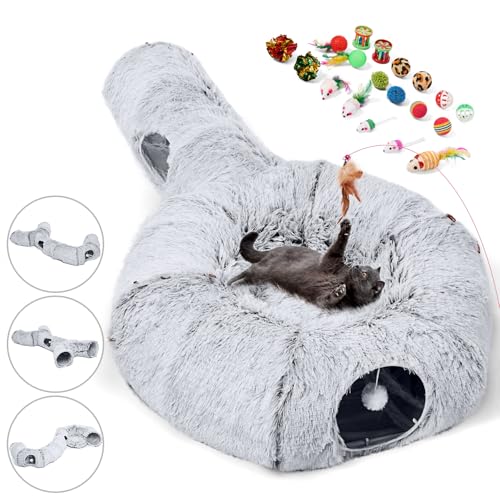 Cat Tunnels Bed with 1 Straight Tunnel and 20 Pet Toys - 5 Shapes DIY Indoor Cats Cave - Detachable Soft Cat Donut for Kitten Puppy Rabbit Ferret - color: Cat Tunnel+Additional Straight Tunnel