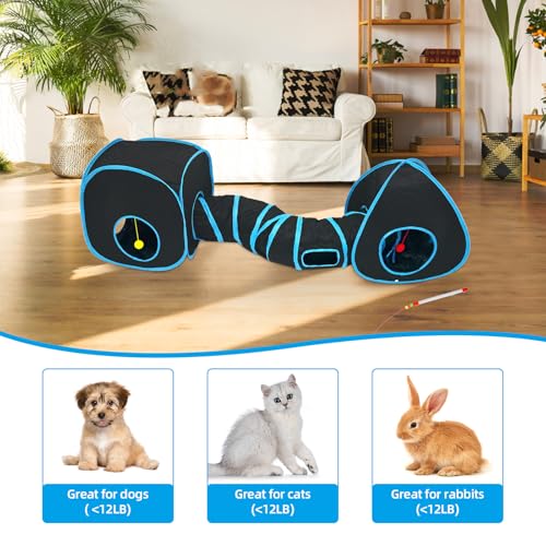 Cat Tunnels for Indoor Cats with Tent Cube and Feather Toy Collapsible Combo, Pop Up Cat Play Tunnel with Interactive Cat Toy Ball for Kitten, Ferret, Puppy, Guinea Pig, Rabbit, Bunny, Blue