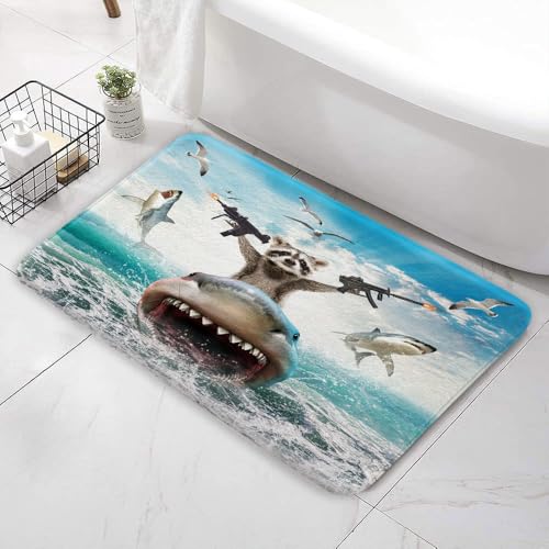 Funny Animal Bath Mat, 17x29 in, Cool Raccoon Riding Shark Theme Ocean Bath Rug, Cute Fun Nautical Bathroom Rug, Non Slip Carpet Rugs for Shower, Bedroom, Front Door