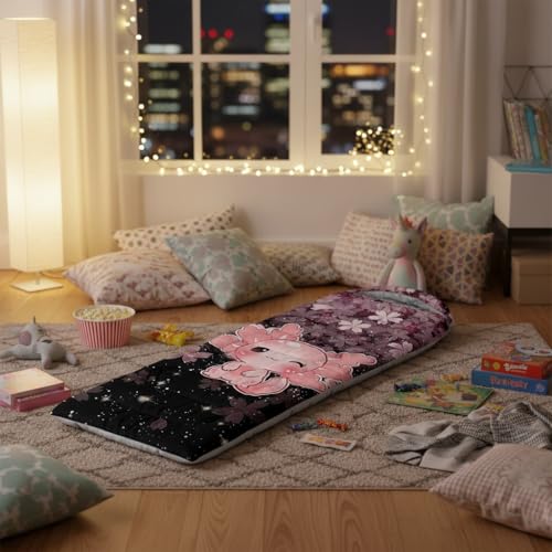 QOOMO Axolotl Cute Camping Sleeping Bags,3 Season Warm & Cool Weather,Lightweight,Waterproof Sleeping Bags for Adults & Kids,Traveling,and Outdoors - color: Axolotl Cherry Blossom