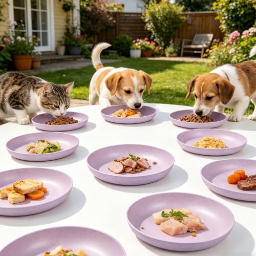 Shallow Cat Food Bowls 6pk Wide Flat Plastic Slow Feeder Pet Bowls | Wide shallow plastic cat bowls 6pk, anti-vomiting slow feeder, easy clean for wet dry food, for kittens small indoor dogs - color: purple