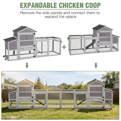 Mobile Chicken Coop with Wheels for 4-6 Chickens, Large Outdoor Hen House with Run, Weatherproof Asphalt Roof, Sectionable Nesting Box & Pull-Out Tray, 82.4" L x 25.8" W x 44.1" H - Grey - size: 82.4"L x 25.8"W x 44.1"H