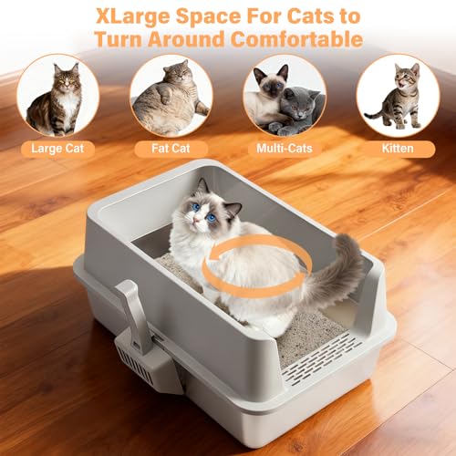 2PCS Stainless Steel Litter Box, XL Cat Litter Box for Big Cat | Large Metal Litter Boxes with Lid High Side, Non-Stick, Odor-Resistant, Anti-Urine Leakage, Includes Mat & Scoop - color: 2PCS XL-lid box