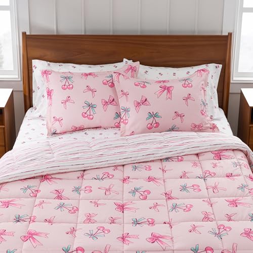 Berkshire LIG Printed Reversible Microfiber Comforter Set–7-Piece, Ultra Soft All-Season Bedding, Wrinkle & Fade Resistant, Full, Cherry Bows Blush - color: Cherry Bows Blush, size: Full