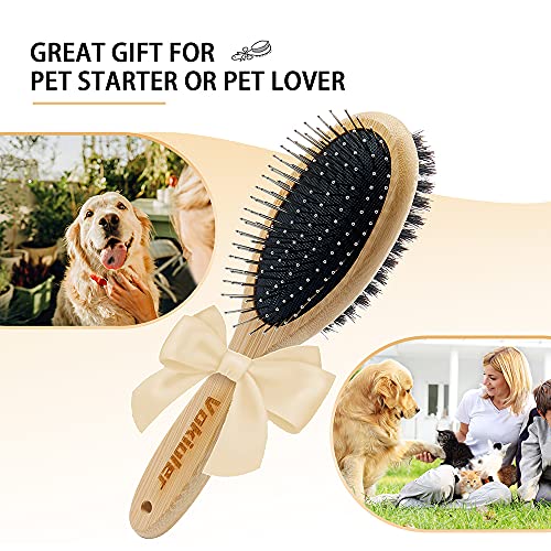 Dog Brush Cat Brush, Vokiuler Double Sided Bristle and Pin Pet Brush for Dog Grooming, Real Boar Bristle Shedding Brush with Bamboo Handle for Long Short Hair, 2 Pack Dog Comb, Black
