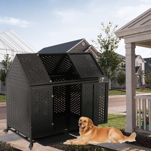 44 inch Heavy Duty Indestructible and Escape-Proof Dog Crate Cage for Large Giant Dogs, Steel Double Door Indoor High Anxiety Pet Kennel with Trays and Wheels, Extra Large XL XXL - size: 43.3"L x 29.5"W x 46.1"H