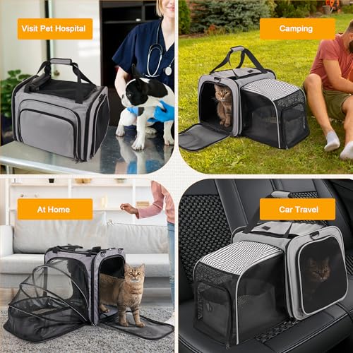 Expandable Cat Carrier with Litter Box for Small Medium Cats up to 20 lbs | Portable Cat Travel Carrier with Food Carrier, Soft Sided Cat Carrier with Locking Zippers, for Car/Long Trip/Camping/Hiking