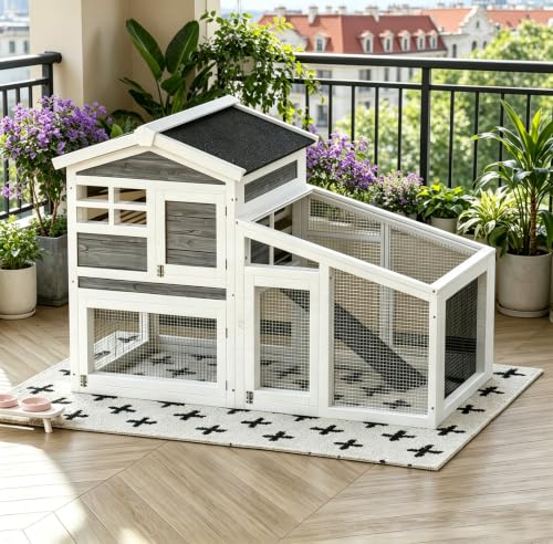 54" 2-Tier Wooden Rabbit Hutch with Run, Small Animal Cage with Removable Tray, Ramp, 6 Access Doors & Asphalt Roof, Weather-Resistant Bunny House for Rabbits, Guinea Pigs, Chinchillas, Gray & White - color: Gray
