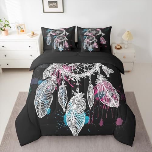 Erosebridal Dream Catcher 7 Piece Bedding Set Twin Bohemian Mandala Comforter Set with Sheets Feathers Exotic Indian Style Bed in A Bag Kids Boys Girls Teens Bed Sets - color: Black, size: Twin