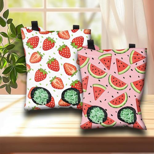 2Pcs 2 Styles Strawberry Hay Feeder Bag for Guinea Pigs Chinchillas 11.6 x 9.1 Inch Small Pet Hay Bag with 2 Holes Strawberry Watermelon Cloth Washable Pet Feeding Storage Cage Accessories - color: Strawberry