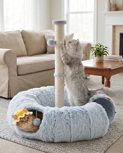 Aechonow 3-in-1 Cat Tunnel Bed, 34'' Cat Scratching Post for Indoor Cats | Fluffy Peekaboo Donut Hideout Toy for Pets, Rabbit, Ferret
