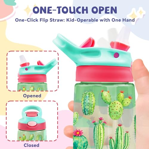 Kids Plastic Water Bottle - Cactus Gifts for Kids, 14oz Plastic Water Bottles with Straw Lid, Leakproof BPA-Free Cactus Water Bottle for Home Sports Travel, Pop-Up Straw Cover, Green - color: Cactus