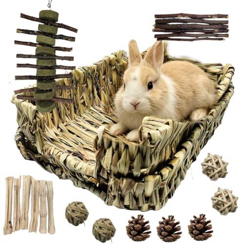Bunny Grass Bed Mat 22Pcs Rabbit Chew Toys Set Hand-Made Woven Hay Mat | Wood&Bamboo Sticks and Timothy Grass Cake&Ball,Small Animals Teeth Grinding Chew Treat Toy for Guinea Pig - size: 22pcs