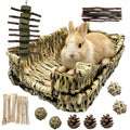 Bunny Grass Bed Mat 22Pcs Rabbit Chew Toys Set Hand-Made Woven Hay Mat | Wood&Bamboo Sticks and Timothy Grass Cake&Ball,Small Animals Teeth Grinding Chew Treat Toy for Guinea Pig - size: 22pcs