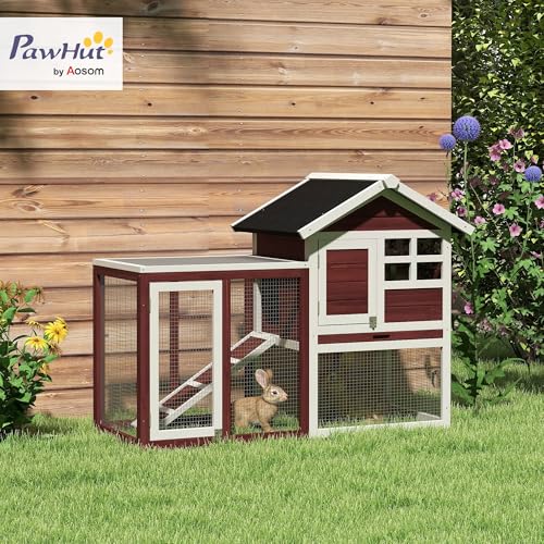 PawHut 49" Wooden Rabbit Hutch Bunny Cage with Fun Outdoor Run Brown | Waterproof Asphalt Roof, Removable Tray and Ramp, for Rabbits, Chickens, Ducks - color: Brown and White