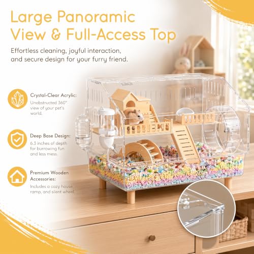 8-in-1 Small Acrylic Hamster Cage, 2-Tier Top Open with All Accessories | Clear 360 Viewing,18.5"x11.8"x14.6",Fits Dwarf Hamsters,Gerbils & Mice,Detachable Tray, Three-sided Ventilation.