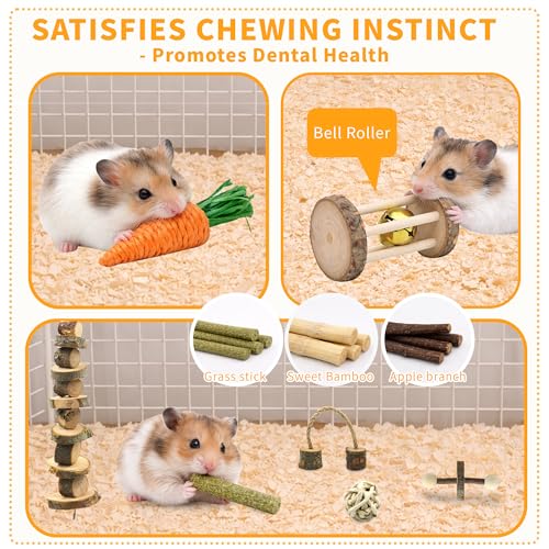 20 Pieces Hamster Cage Accessories, Wooden Hamster Wheel Toys, Water Bottle | 9.45 In Silent Hamster Wheel, Chew Toys Set, House And Water Bottle with Stand for Chinchillas Guinea Pig Rat Small Animals