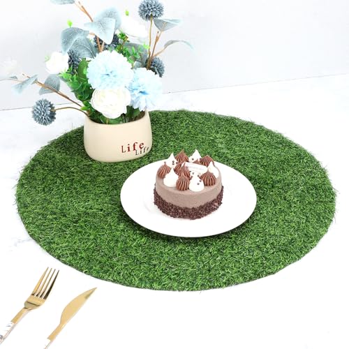 Angoily Artificial Grass Placemats Round, 19.7 Inch Faux Turf Table Decor | Round Faux Grass Centerpiece Mat for Weddings, Parties, Banquets, Golf Themes and Indoor or Outdoor Tables