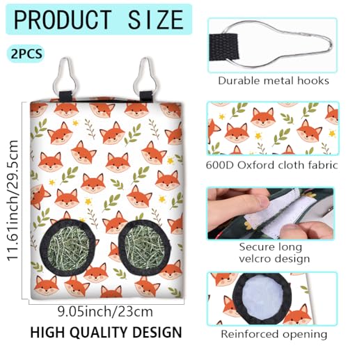 2 Styles Rabbit Hay Feeder for Guinea Pigs 11.6 x 9.1 Inch, Hanging Hay Feeder Bag 2 Pack Fox Fish Pattern Cloth Washable Feeding Storage Holder with 2 Holes for Bunny Chinchillas Hamsters - color: Fox