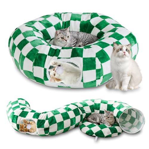Cute Round Cat Tunnel for Indoor Cats, Green/White | Peekaboo Cat Cave with Dangling Balls, Checkered Pet Donut Tunnel Bed with Circle Mat for Puppy Kitten Rabbit - color: Green/White, size: Round