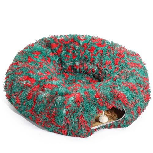 Warm Fluffy Plush Cat Tunnel Bed Under Christmas Tree Big Tube Playground Toys 3 FT Diameter Longer Crinkle Collapsible 3 Way, for Indoor Cat Kitty Kitten Puppy Rabbit Ferret Green-Red - color: Green