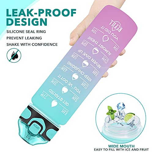 Enerbone 32 oz Drinking Water Bottle with Times to Drink and Straw, Motivational with Carrying Strap, Leakproof BPA & Toxic Free, Ensure You Drink Enough Water for Fitness Gym Outdoor - color: Green-Purple
