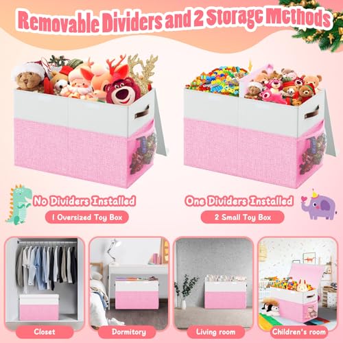 Large Toy Storage Box with Lid & Dividers, Kids Toy Chest, Pink and White | Toy Box for Boys, Girls, Nursery, Bedroom, Living Room, Playroom, 25 x 13 x 16 inches - color: Large Pink and White